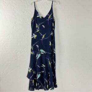 Lewit Midi Slip Dress Floral Navy Blue Spaghetti Strap Lined 100% Silk Gown Knit